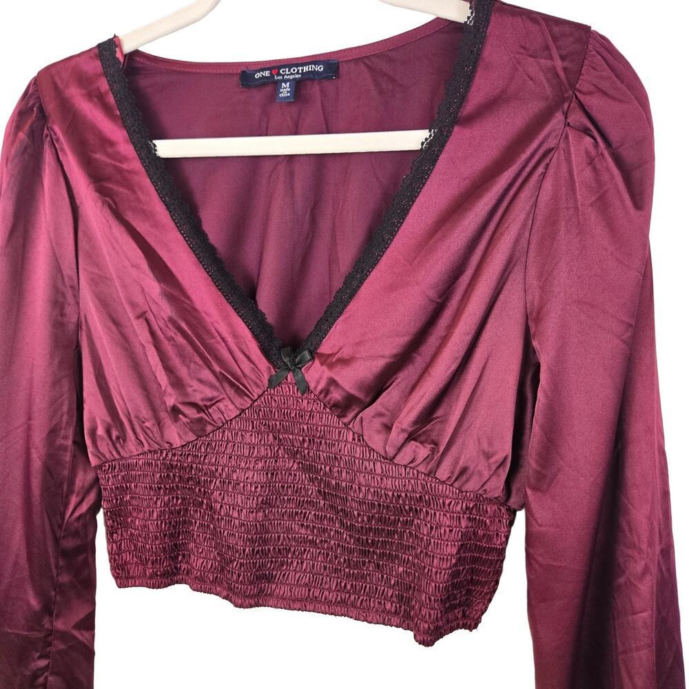 ONE CLOTHING Satin Lace Trim Smocked Crop Top Blouse Women M Burgundy